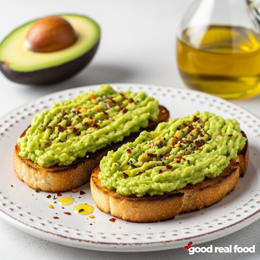 Two slices of avocado toast on a plate.