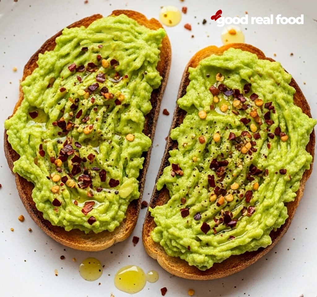 Two slices of avocado toast on a plate.