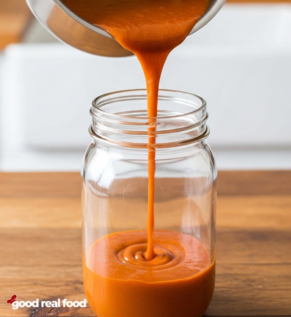 A saucepan pouring homemade buffalo sauce into a mason jar.