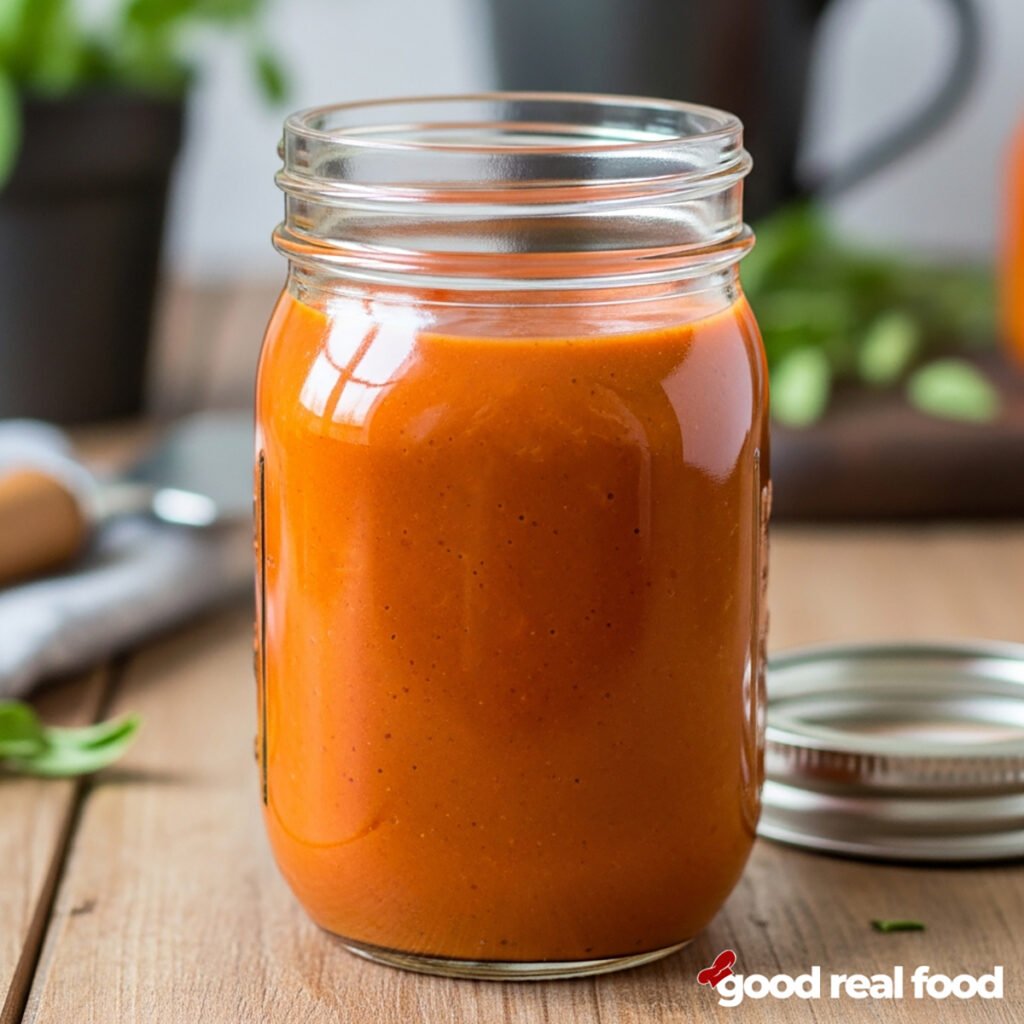 A mason jar filled with homemade buffalo sauce.