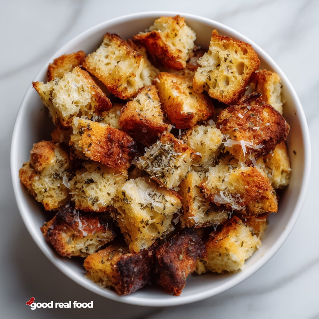 A white bowl of croutons.