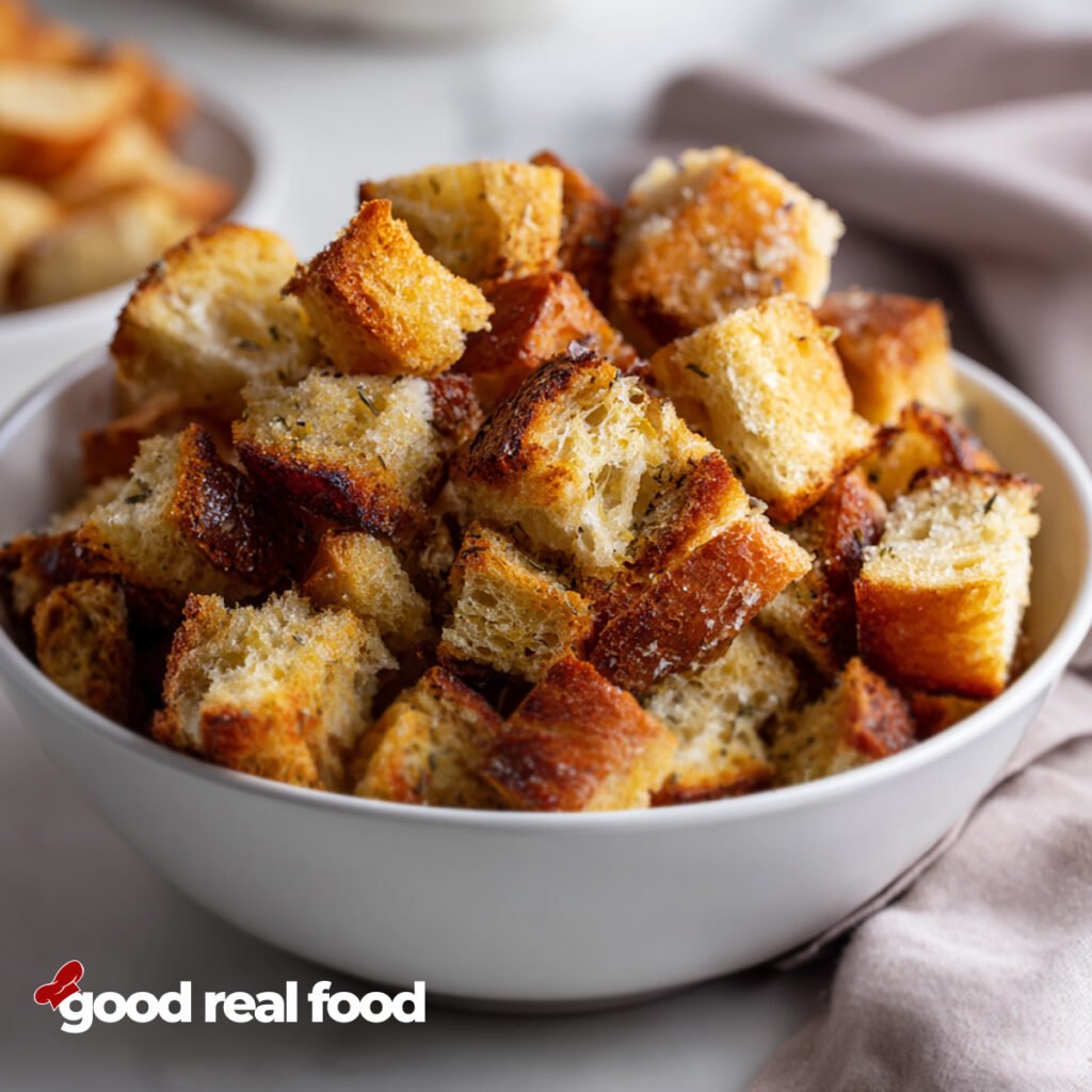 A white bowl of croutons.