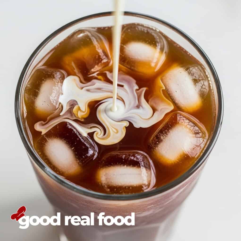 Iced Coffee in a clear glass with liquid creamer being poured in.