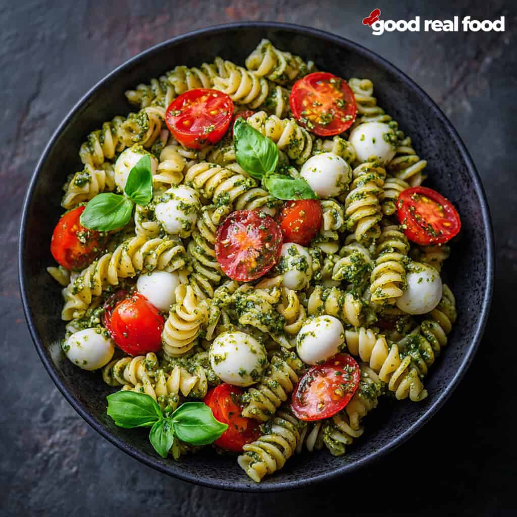 A black bowl filled with pesto pasta.