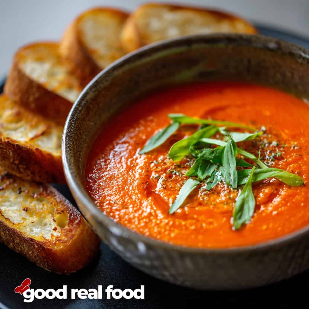 roasted red pepper soup in a brown bowl.
