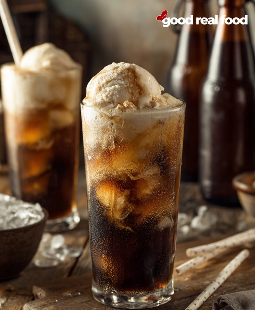 Root Beer Floats surrounded by bottles of root beer.