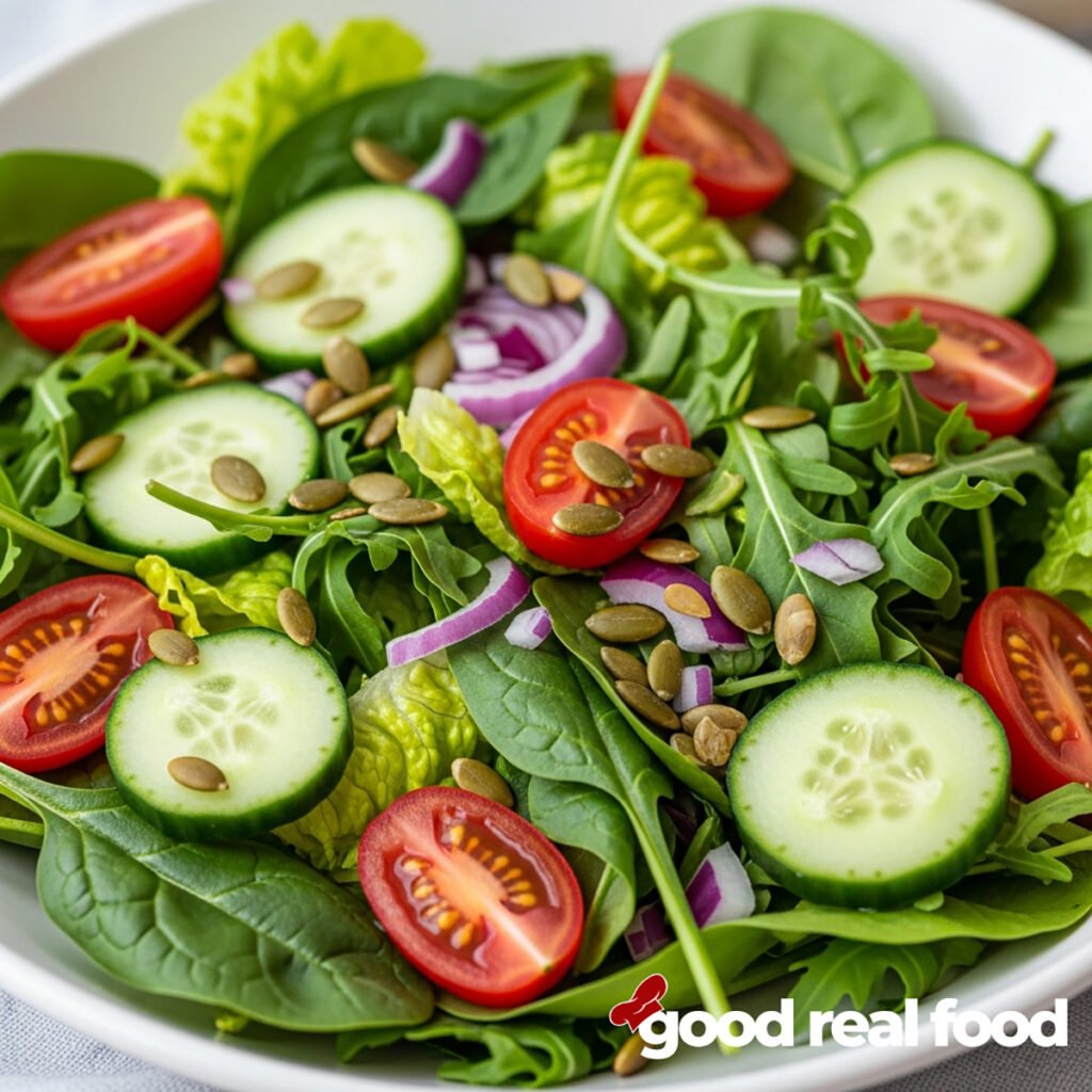 A basic side salad, shot from the side.