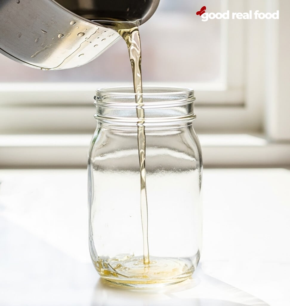 pouring simple syrup into a mason jar