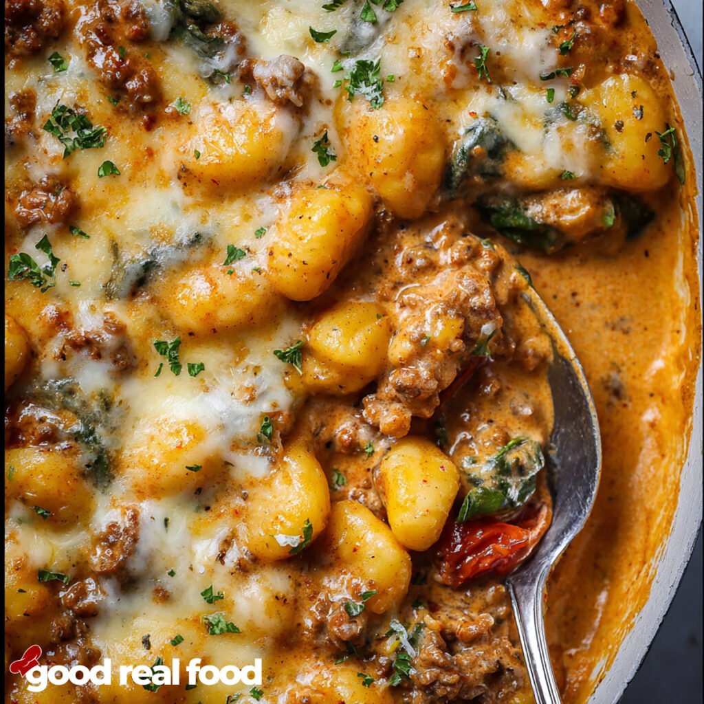 A close-up image of a skillet filled with Tuscan sausage gnocchi.