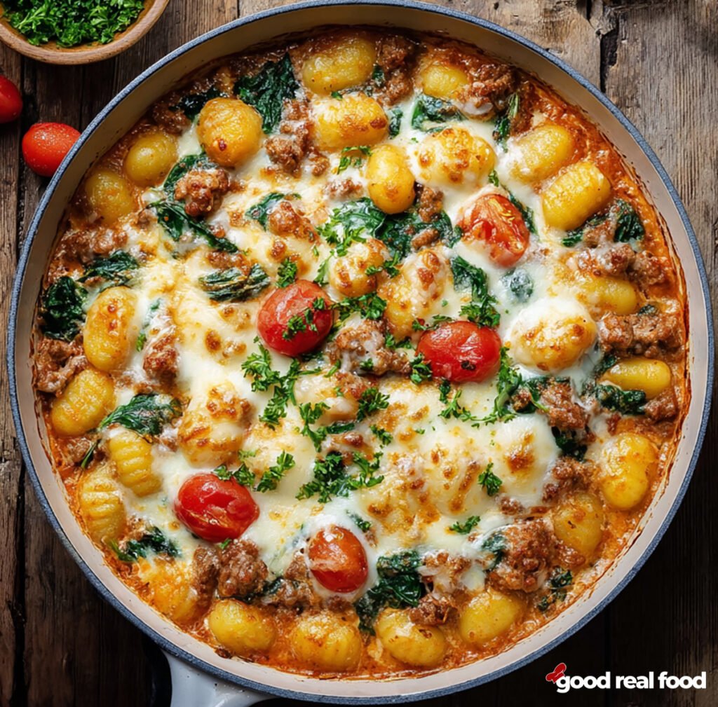 A white skillet filled with Tuscan sausage gnocchi.
