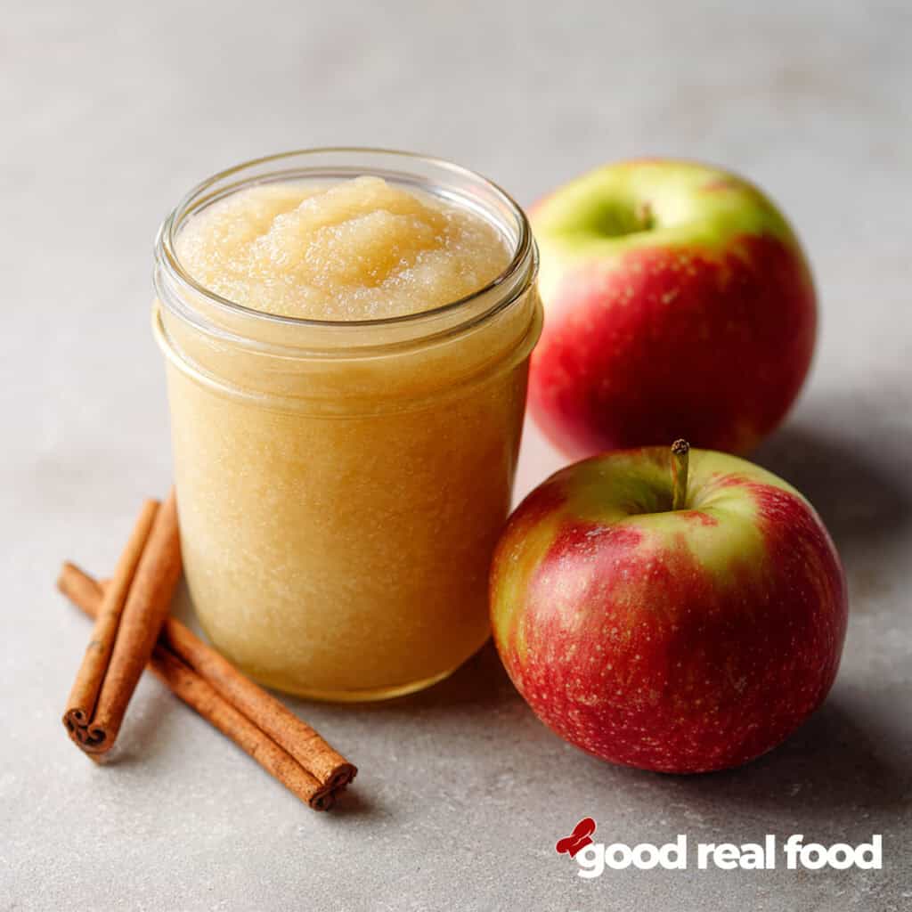 Easy homemade Applesauce in a mason jar with apples and cinnamon sticks.