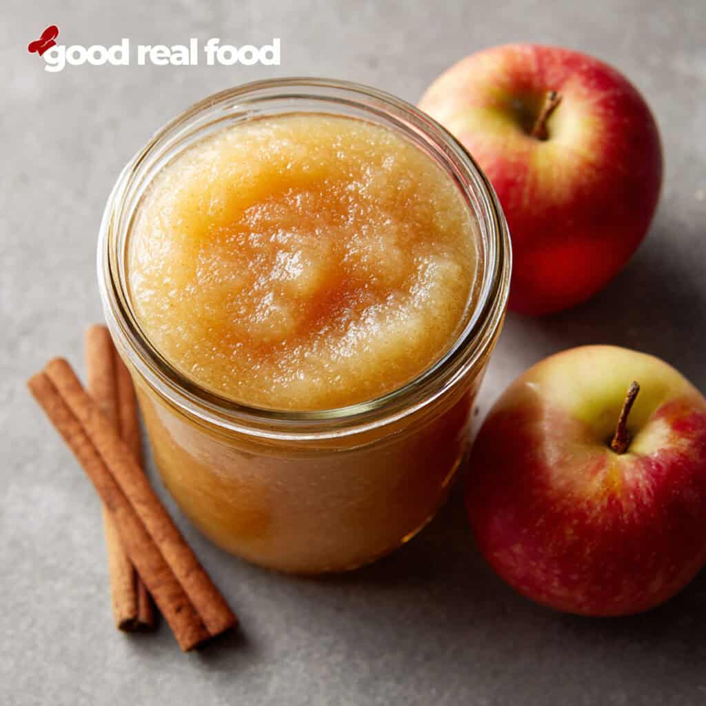 Easy homemade Applesauce in a mason jar with apples and cinnamon sticks.