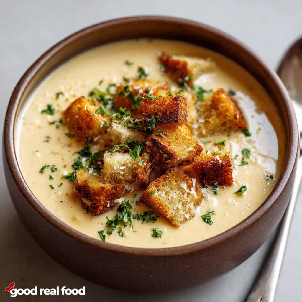 Beer Cheese Soup in a bowl topped with croutons.