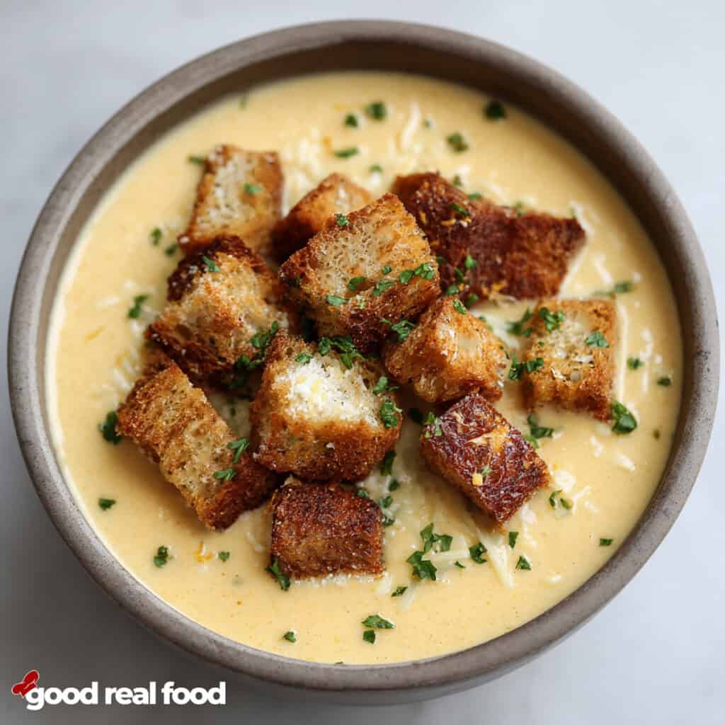 Beer Cheese Soup in a bowl topped with croutons.