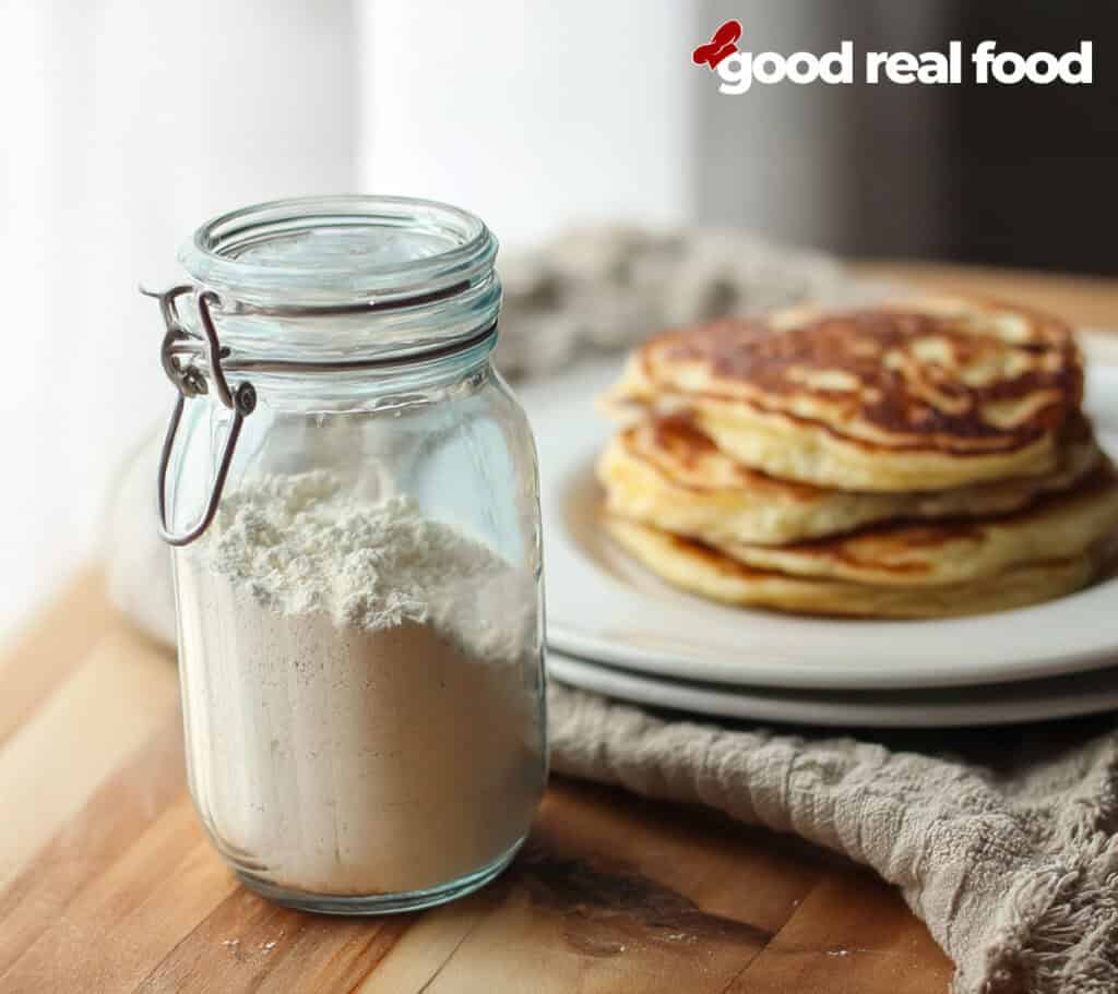 a mason jar filled with homemade bisquick.