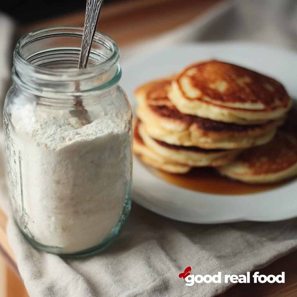 a mason jar filled with homemade bisquick,