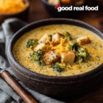 a bowl of broccoli cheddar soup.