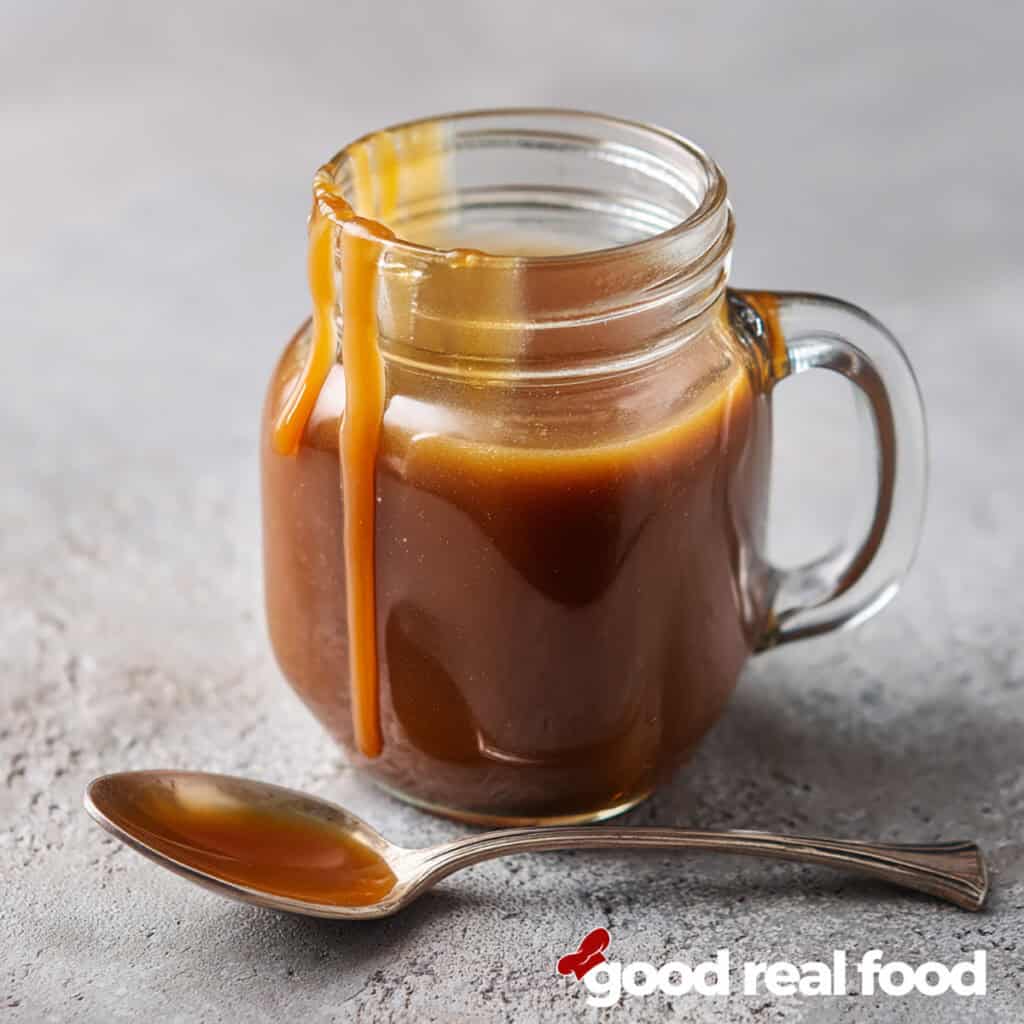 Homemade caramel sauce in a mason jar.