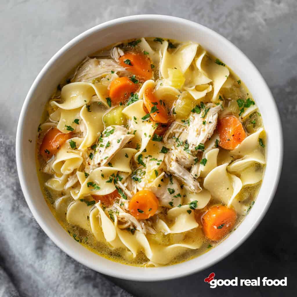 a white bowl filled with chicken noodle sou