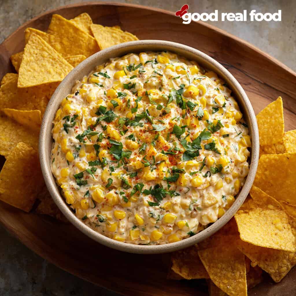 A bowl of corn dip surrounded by tortilla chips.