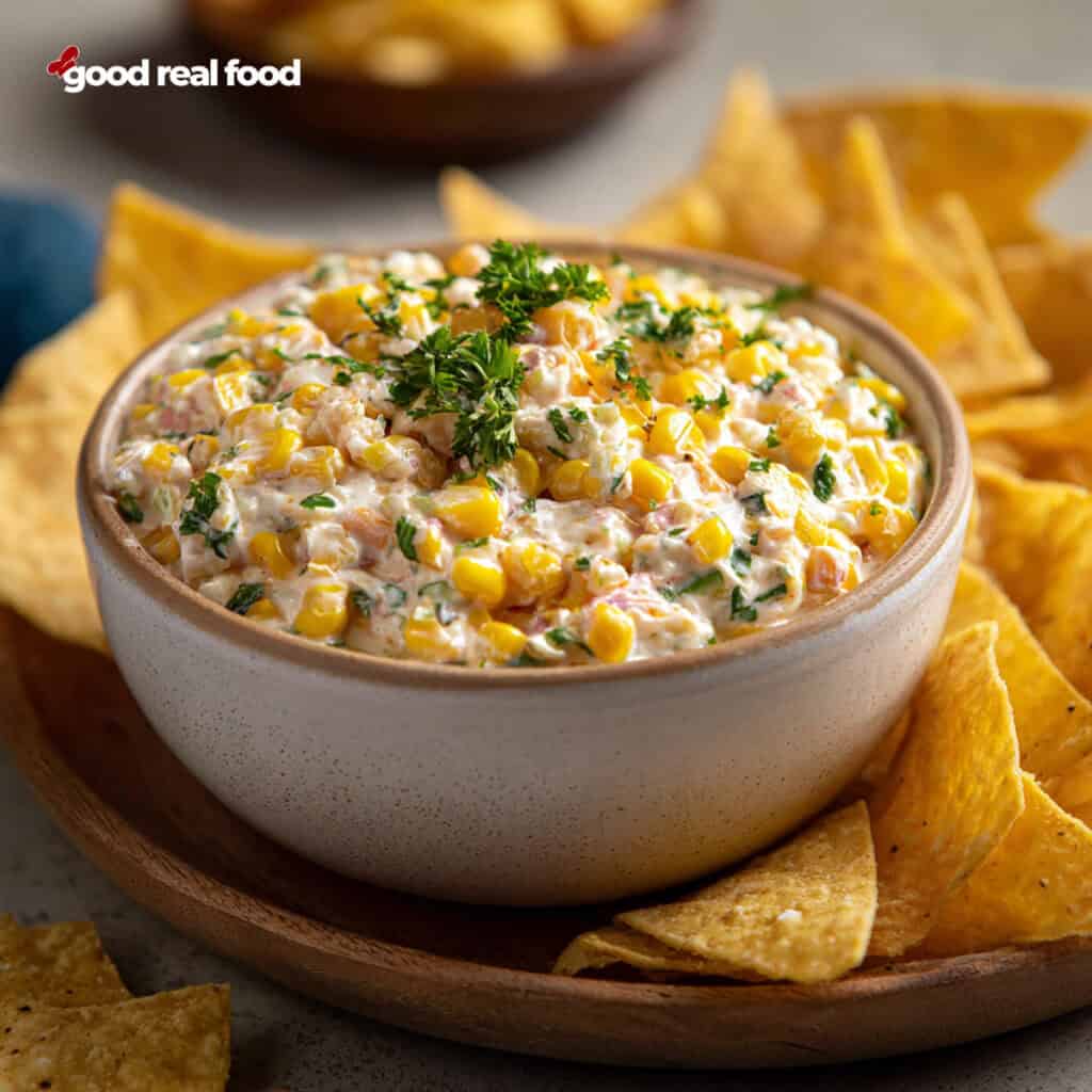 A bowl of corn dip surrounded by tortilla chips.