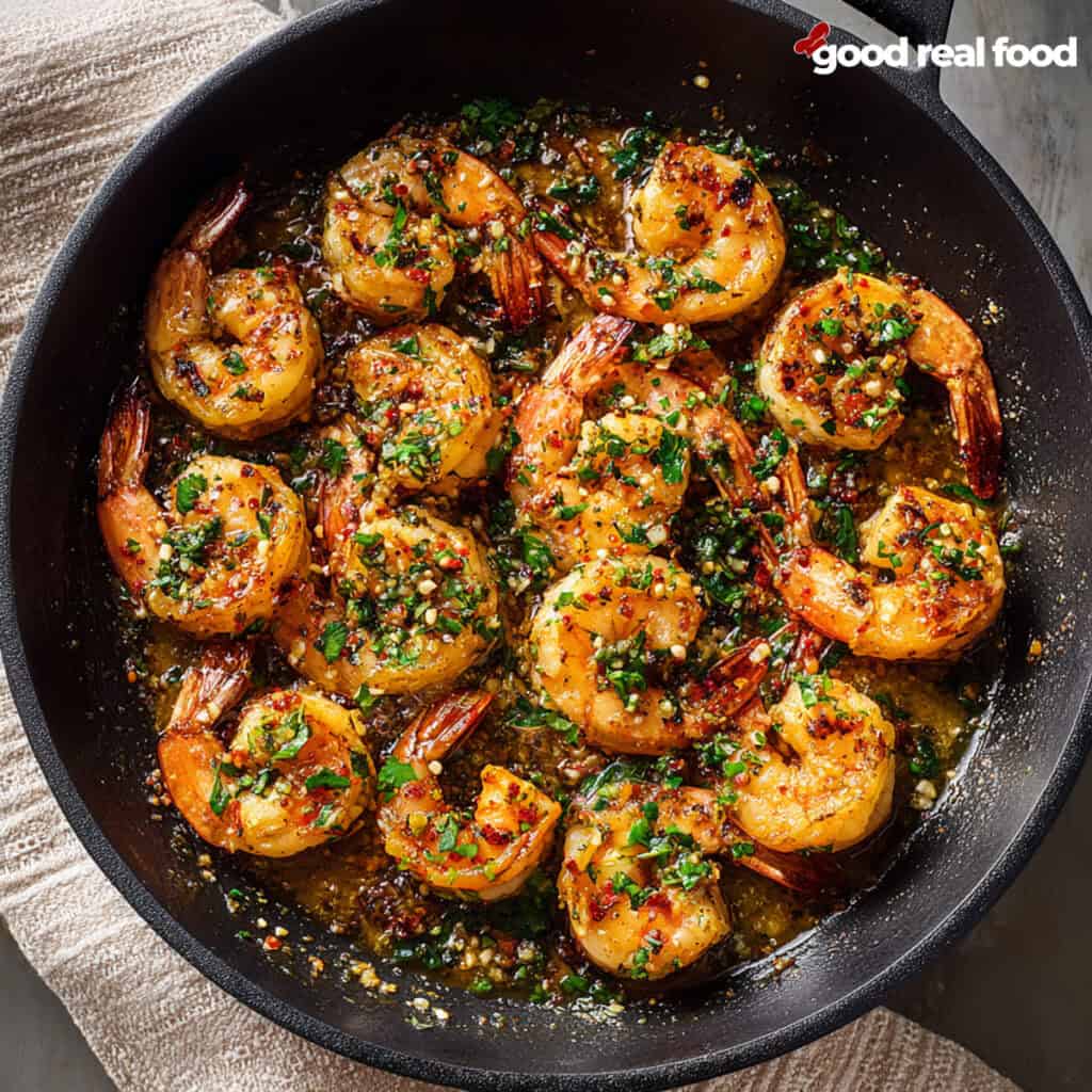 honey garlic shrimp in a black skillet