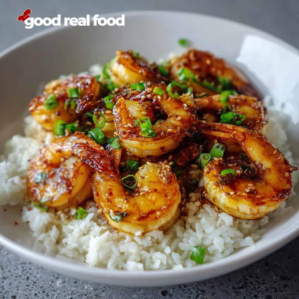 Honey Garlic Shrimp served over white rice.