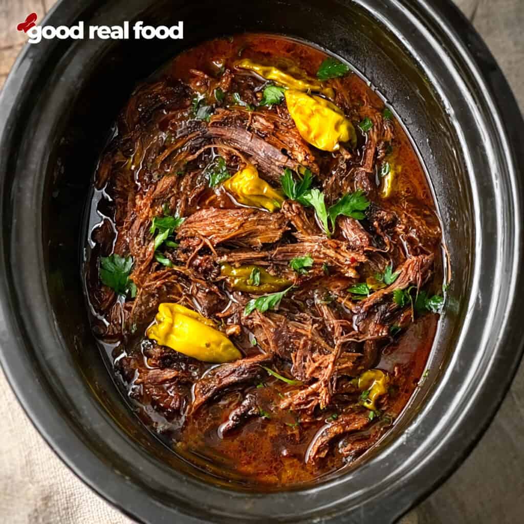 Mississippi Pot Roast in a crock pot.