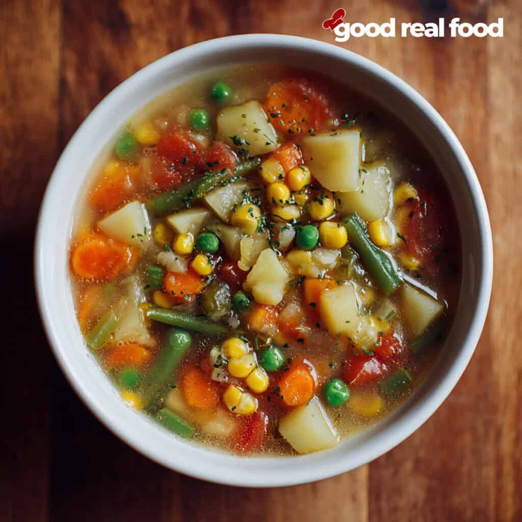 a white bowl of vegetable soup.