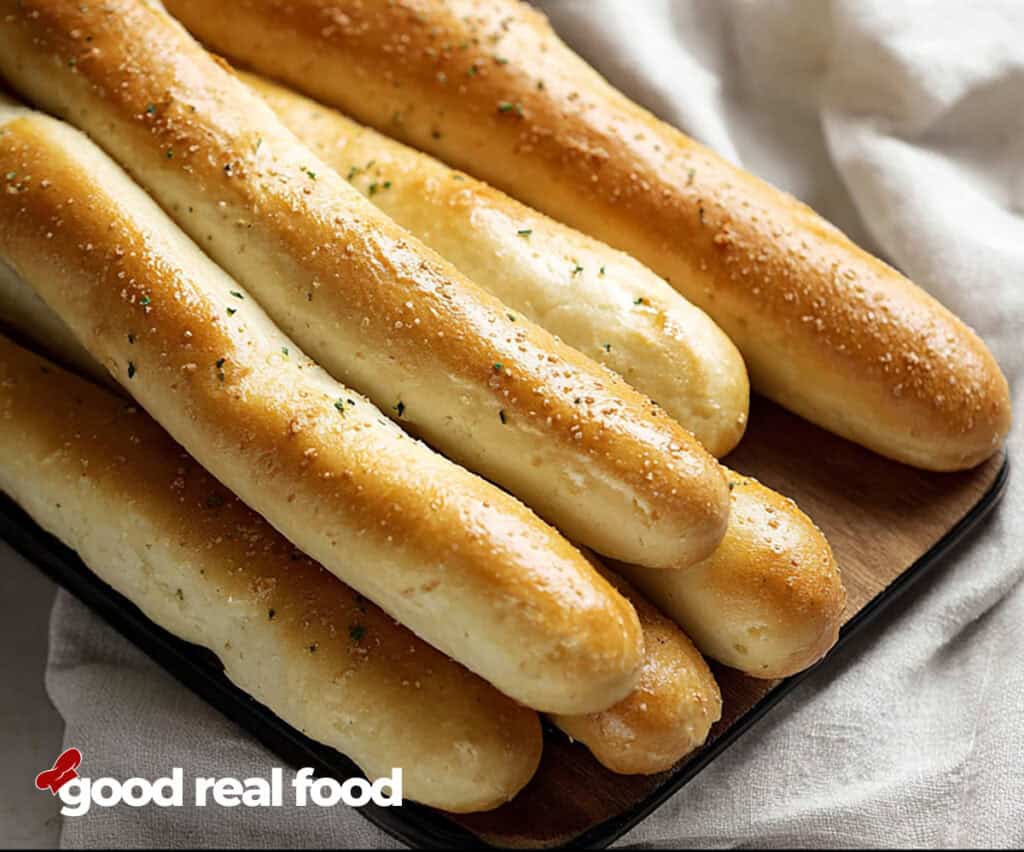 an overhead view of breadsticks on a wooden board.