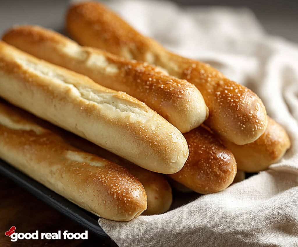a pile of breadsticks on a pan.