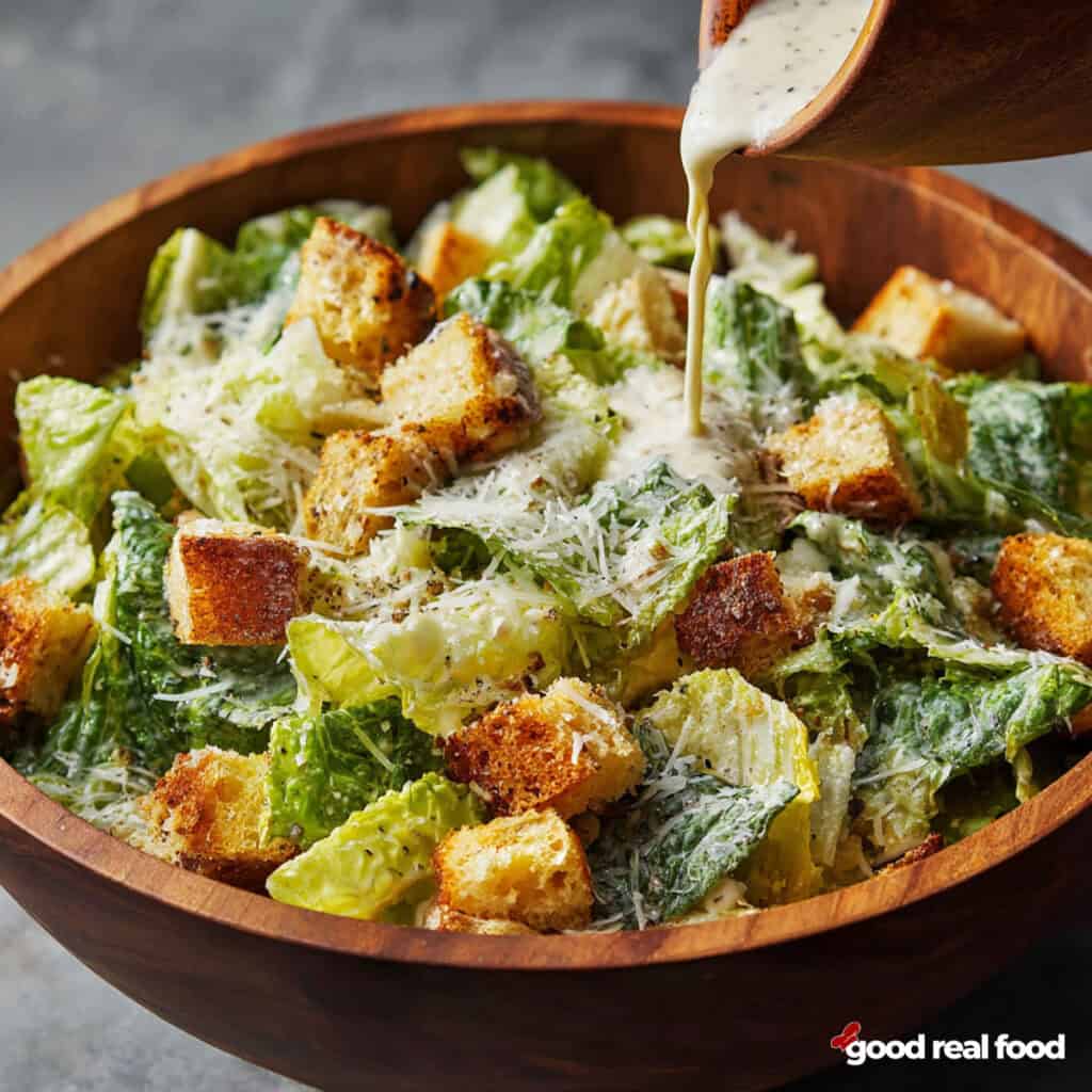 A wooden bowl filled with a classic Caesar Salad.  Caesar dressing is being poured over the salad.