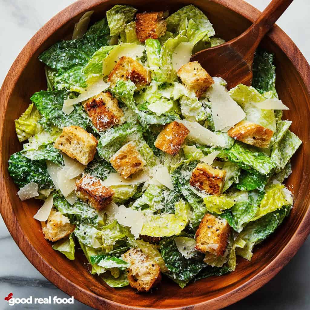 A wooden bowl filled with a classic Caesar Salad.