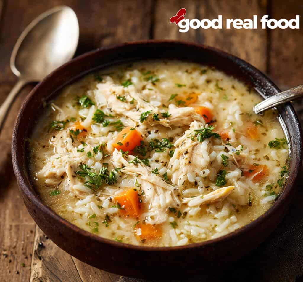 A bowl of chicken and rice soup.