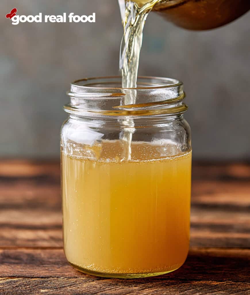 pouring chicken stock into a jar.