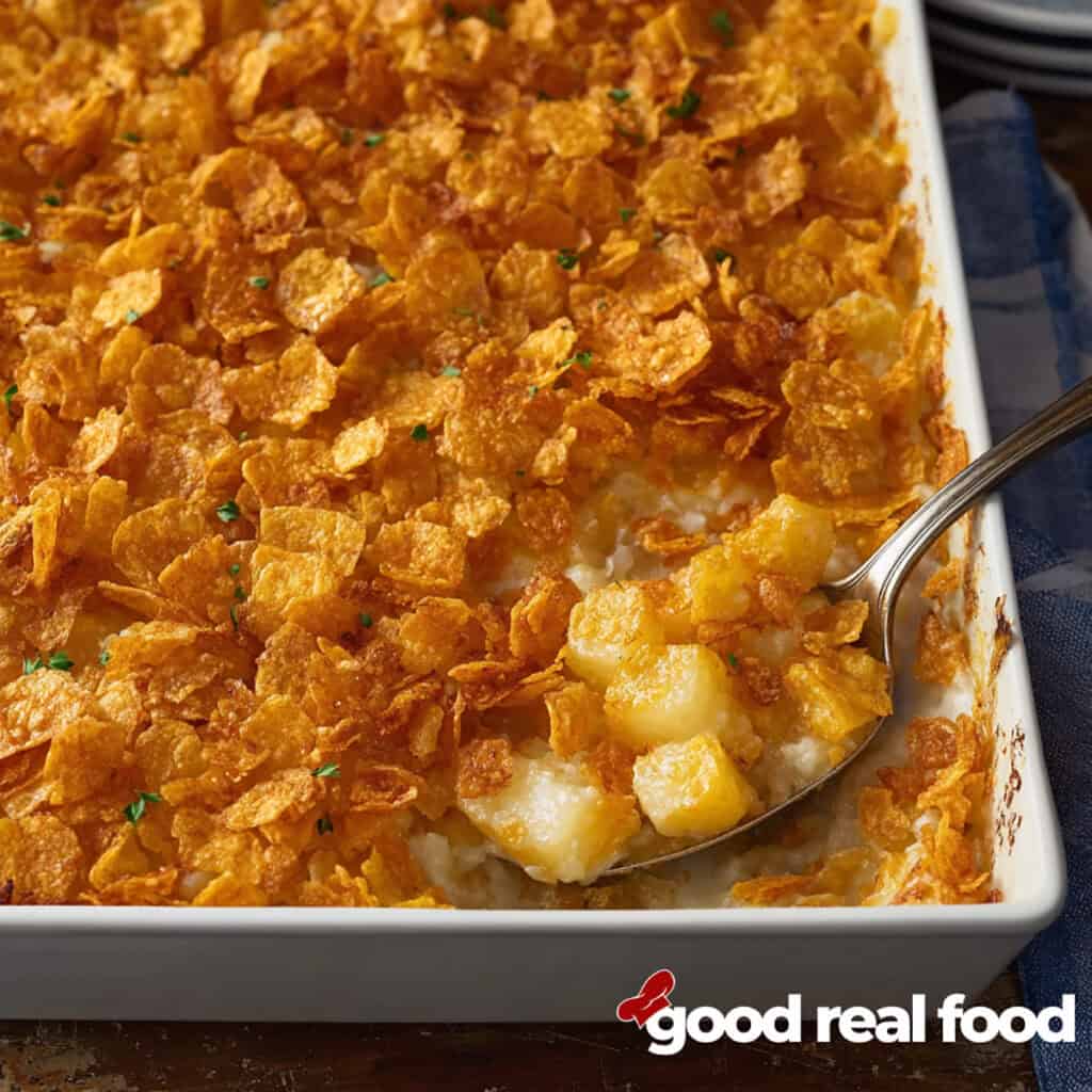 A white baking dish filled with funeral potatoes, a spoon is lifting a serving out of the dish.