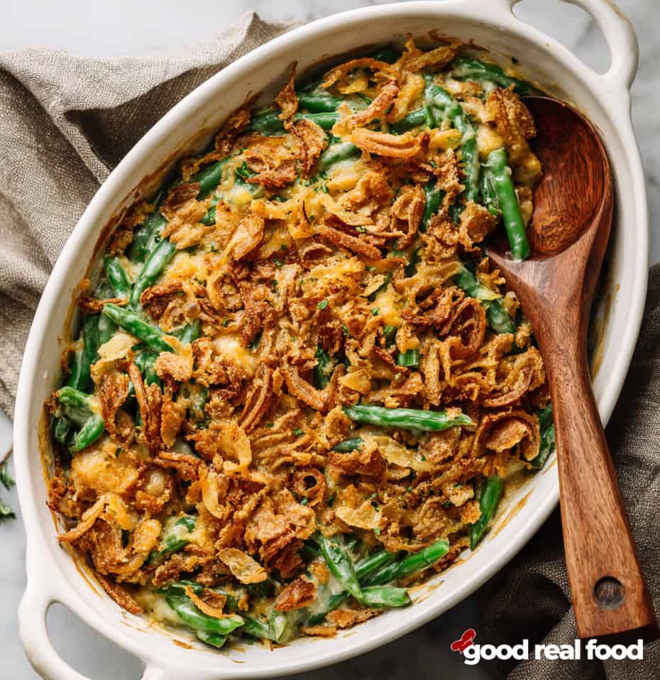 Green Bean Casserole in a white baking dish.