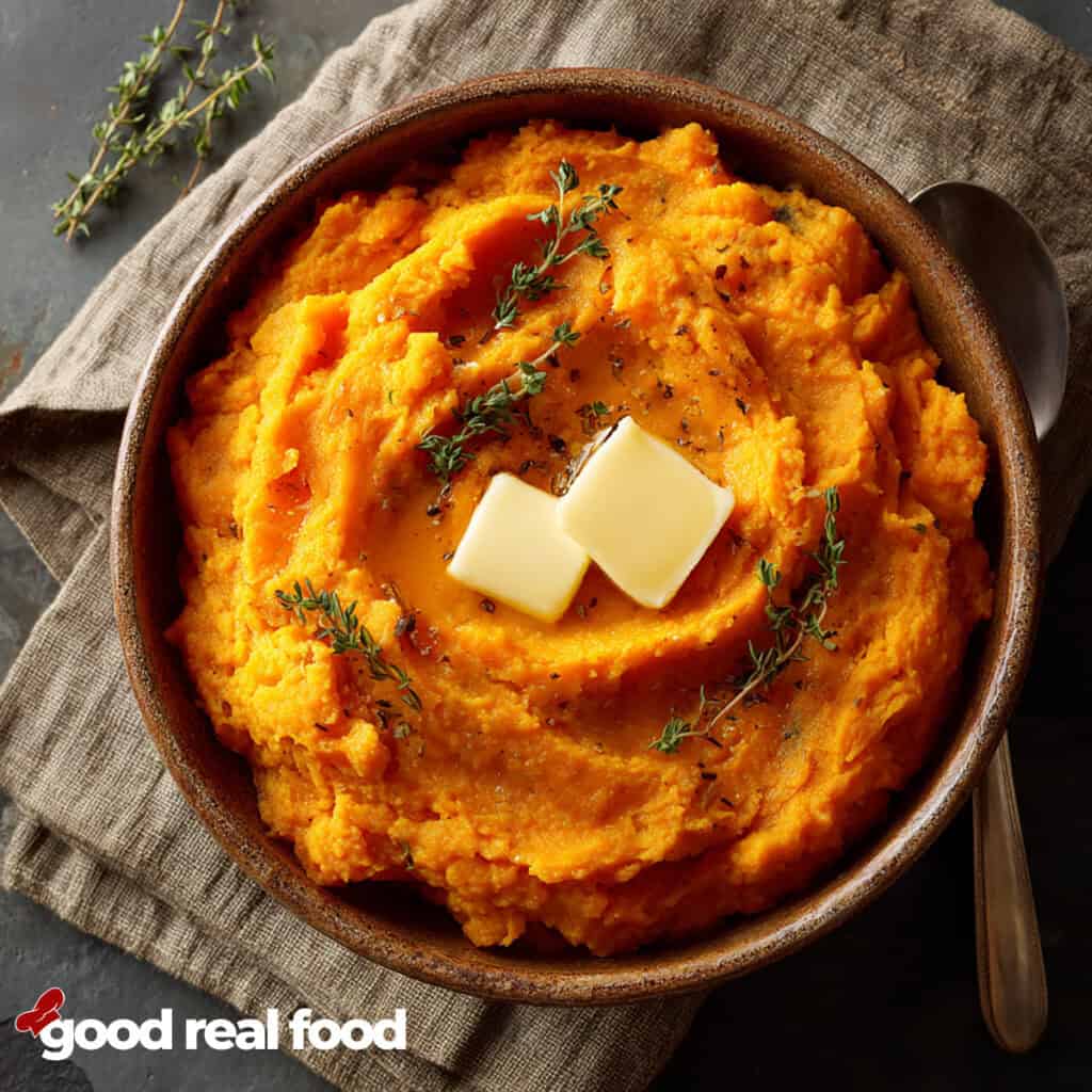 Mashed Sweet Potatoes topped with butter and thyme.