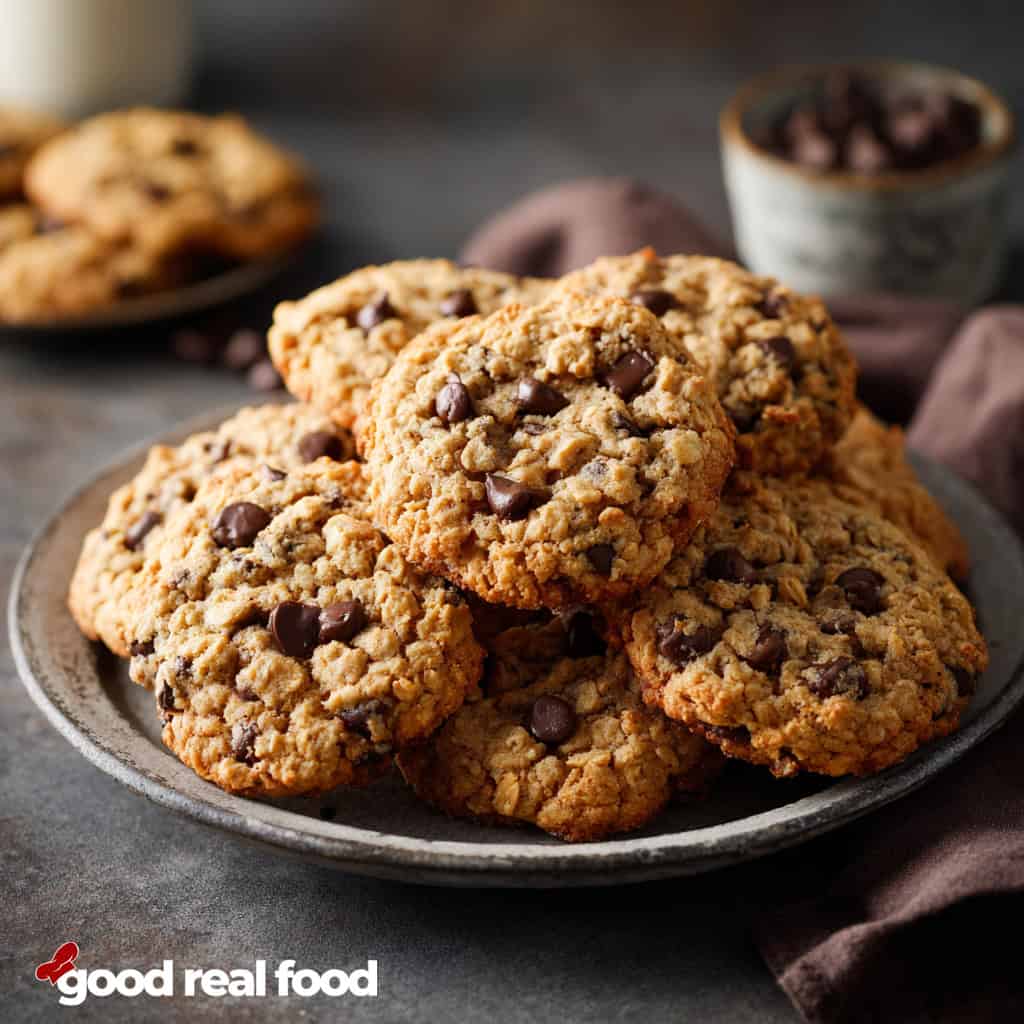 A plate of oatmeal chocolate chip cookies.