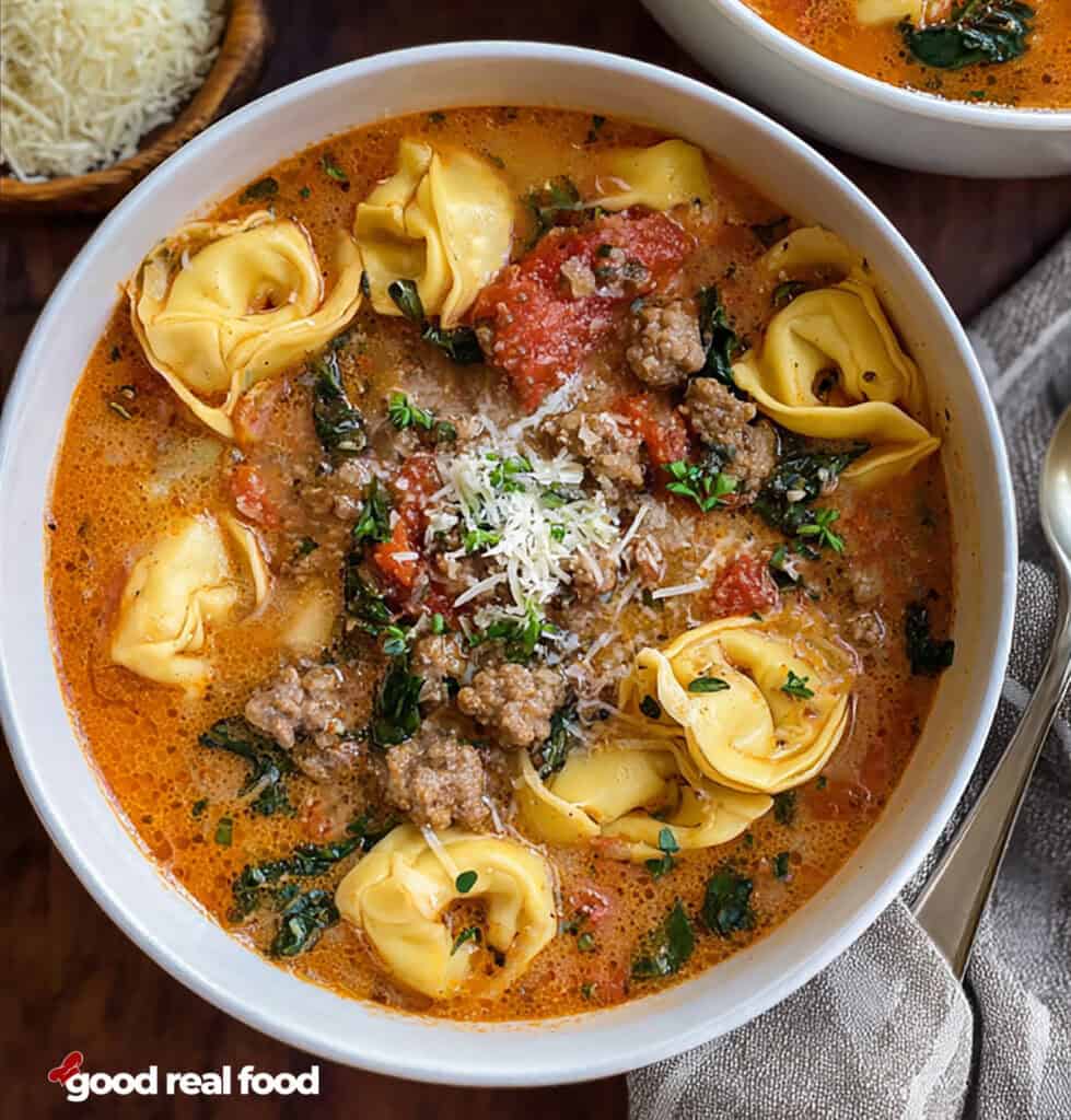 One pot sausage tortellini soup in a bowl.