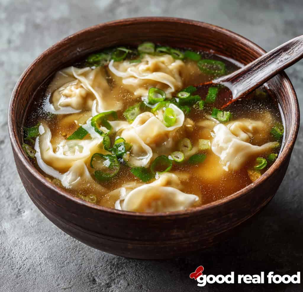 A brown bowl of wonton soup