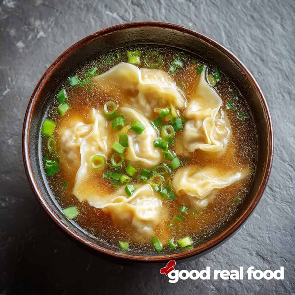 a brown bowl of wonton soup.