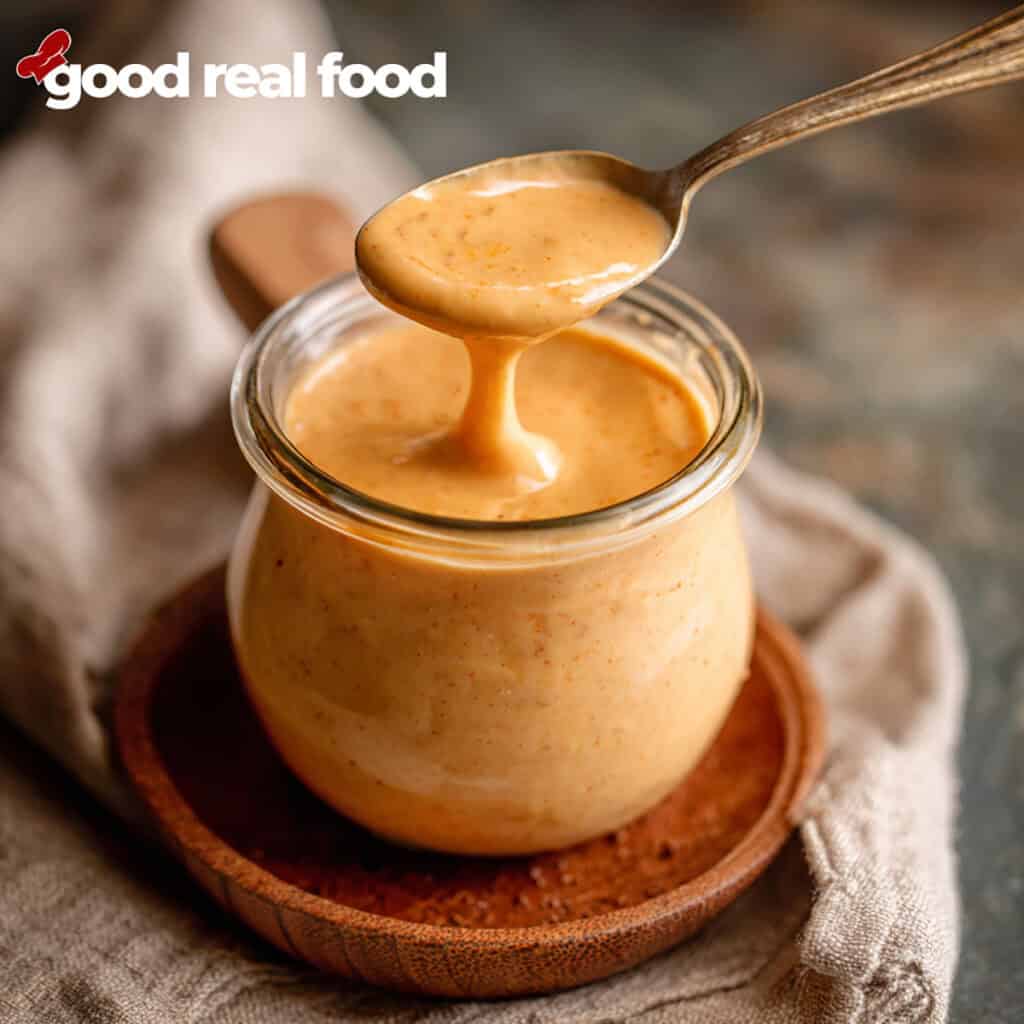 A jar of yum yum sauce with a spoon.
