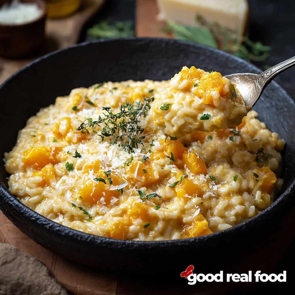A black bowl of butternut squash risotto.