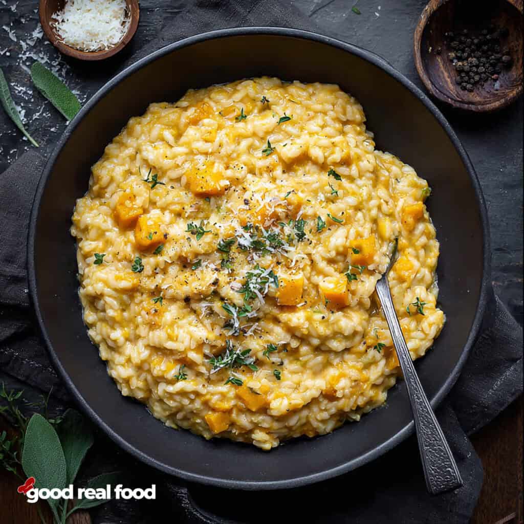 A black bowl of butternut squash risotto.