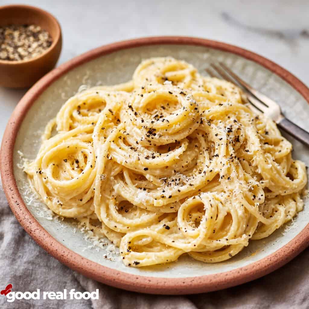 A plate of creamy cacio e pepe.