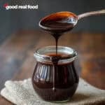 A glass dish filled with chocolate syrup with a spoon lifting out a serving.