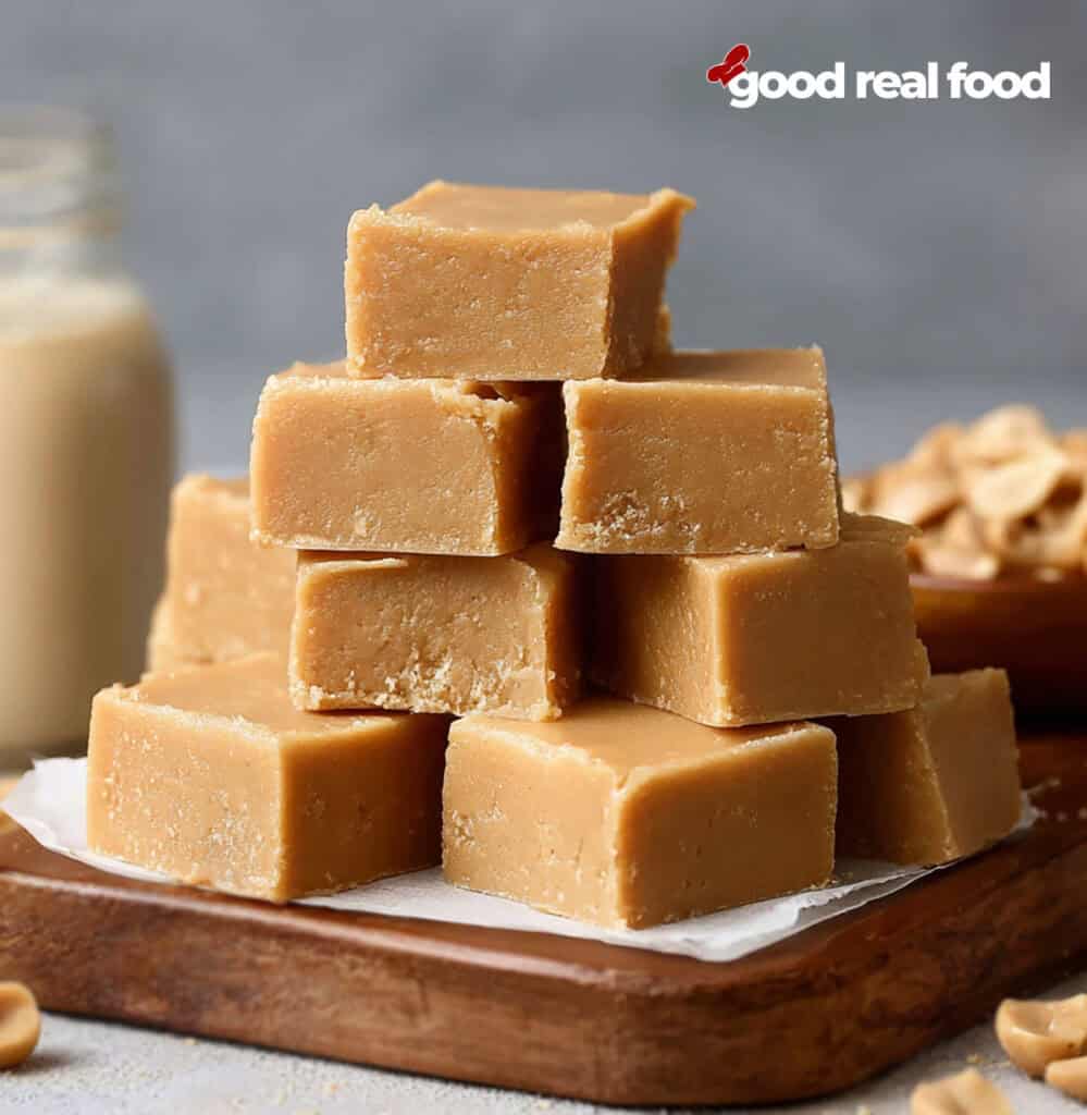 A cutting board with peanut butter fudge stacked on top.