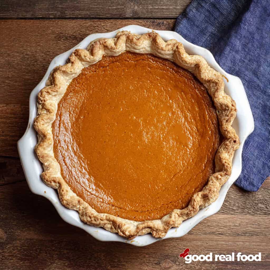 An overhead image of a pumpkin pie.