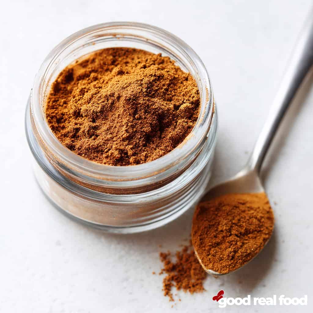A small spice jar filled with homemade pumpkin pie spice. 